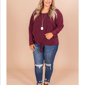 Cozy tie front sweater in maroon
